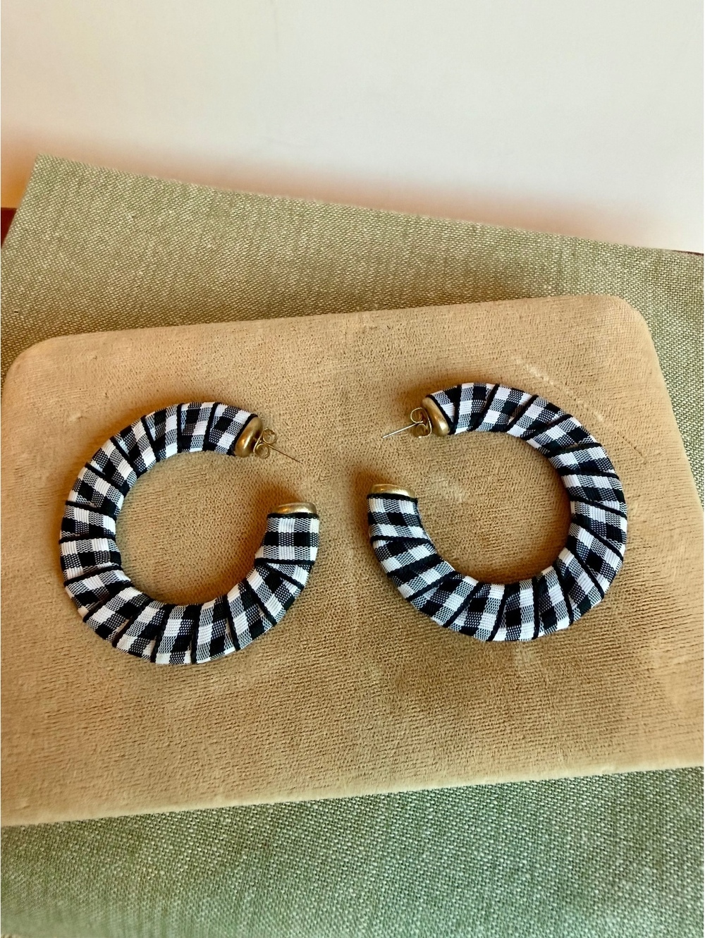 Black White Gingham Fabric Wrapped Hoop Earrings Statement Retro